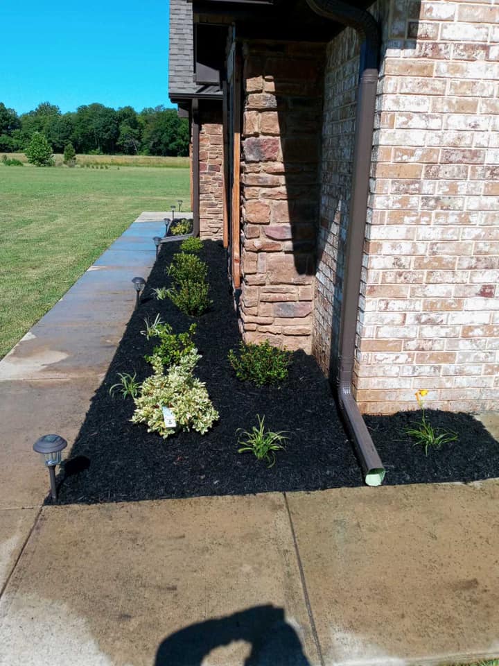 residential flower bed with dark brown mulch